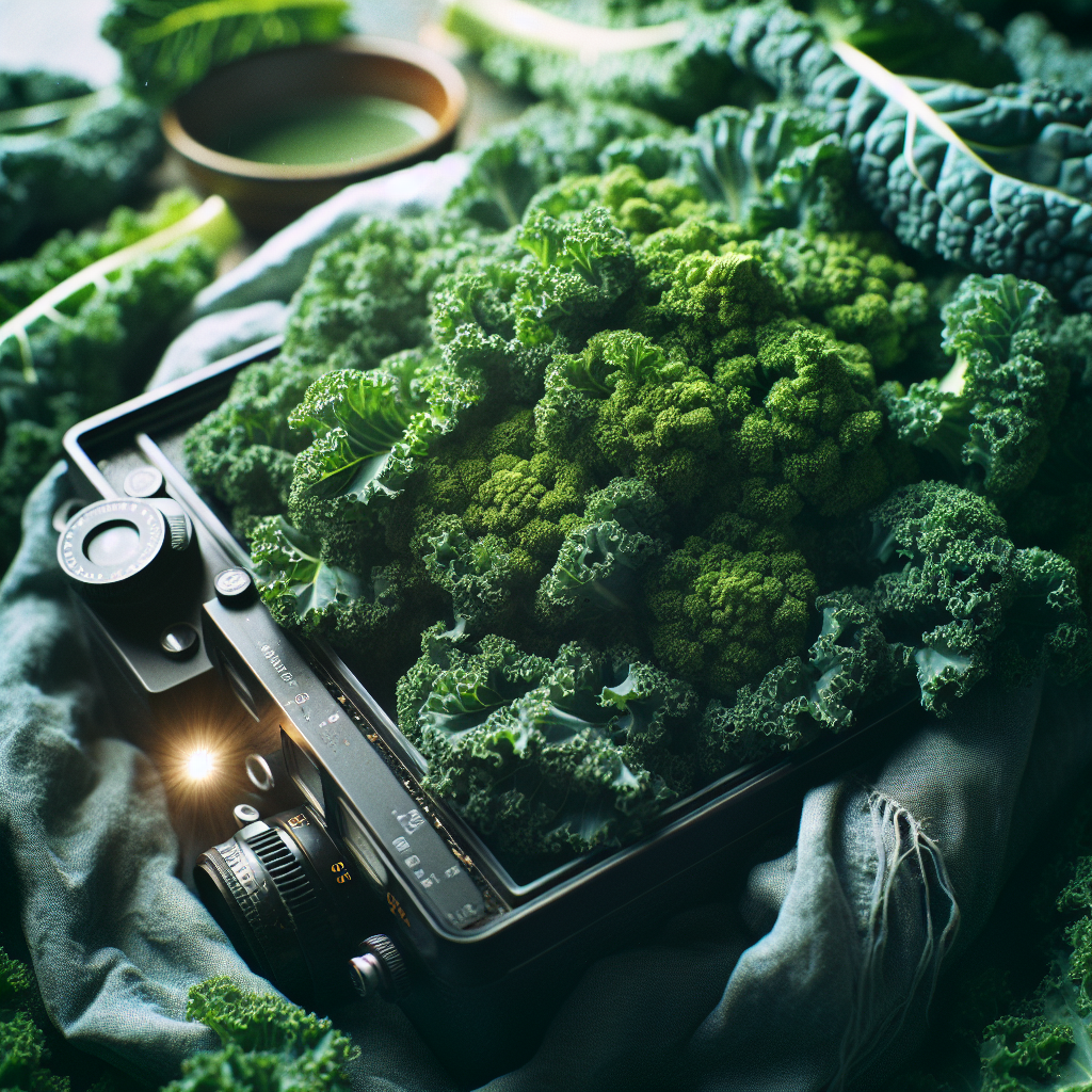 카메라 모양의 쟁반에 케일이 수북이 담긴 이미지