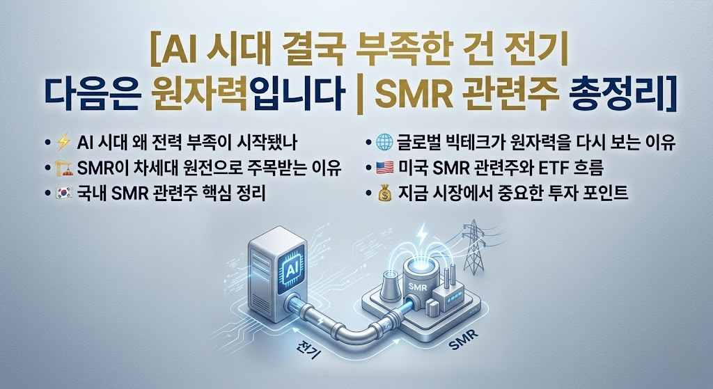 깔끔하고 심플한 연회색 배경의 블로그 썸네일. 상단에는 한국어로 '[AI 시대 결국 부족한 건 전기 다음은 원자력입니다 ❘ SMR 관련주 총정리]'라는 메인 타이틀이 강조되어 있으며, 하단에는 AI 데이터센터와 SMR(소형 모듈 원전)이 전선으로 연결된 직관적인 일러스트가 배치되어 있습니다.