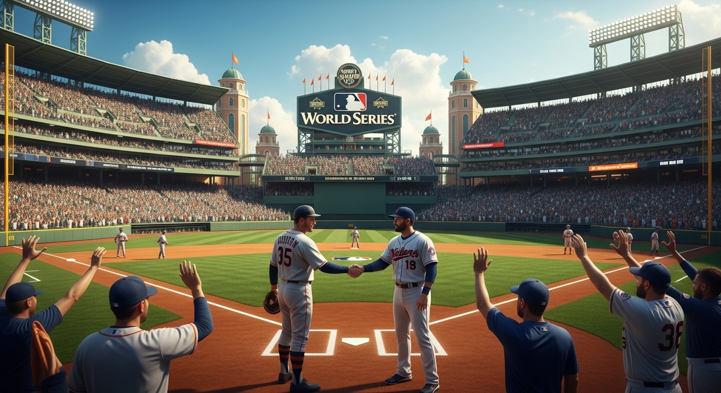 역사적인 야구장 위로 19세기와 21세기를 대표하는 선수들이 악수하며 월드시리즈의 오랜 역사와 화합을 상징하는 모습. 관중으로 가득 찬 경기장의 축제 분위기.