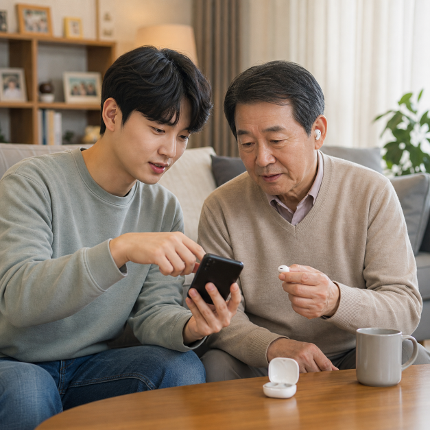 갤럭시버즈 상황을 확인하는 한국인 실사 이미지 3