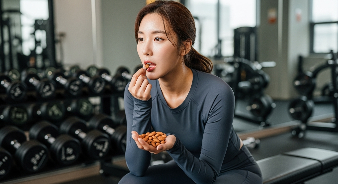 운동복을 입고 아몬드를 간식으로 먹는 한국 여성
