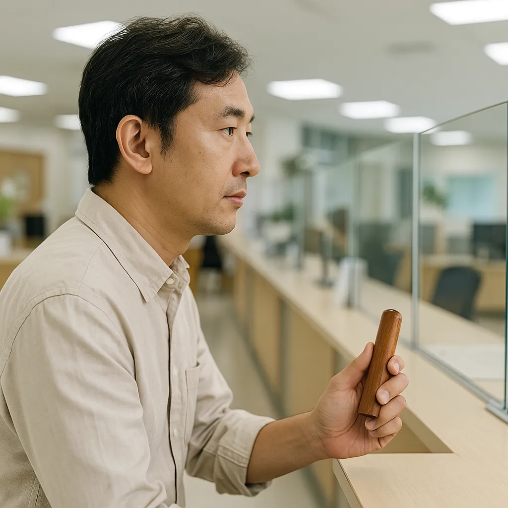 공공기관 창구에서 도장을 들고 있는 남성의 측면 모습