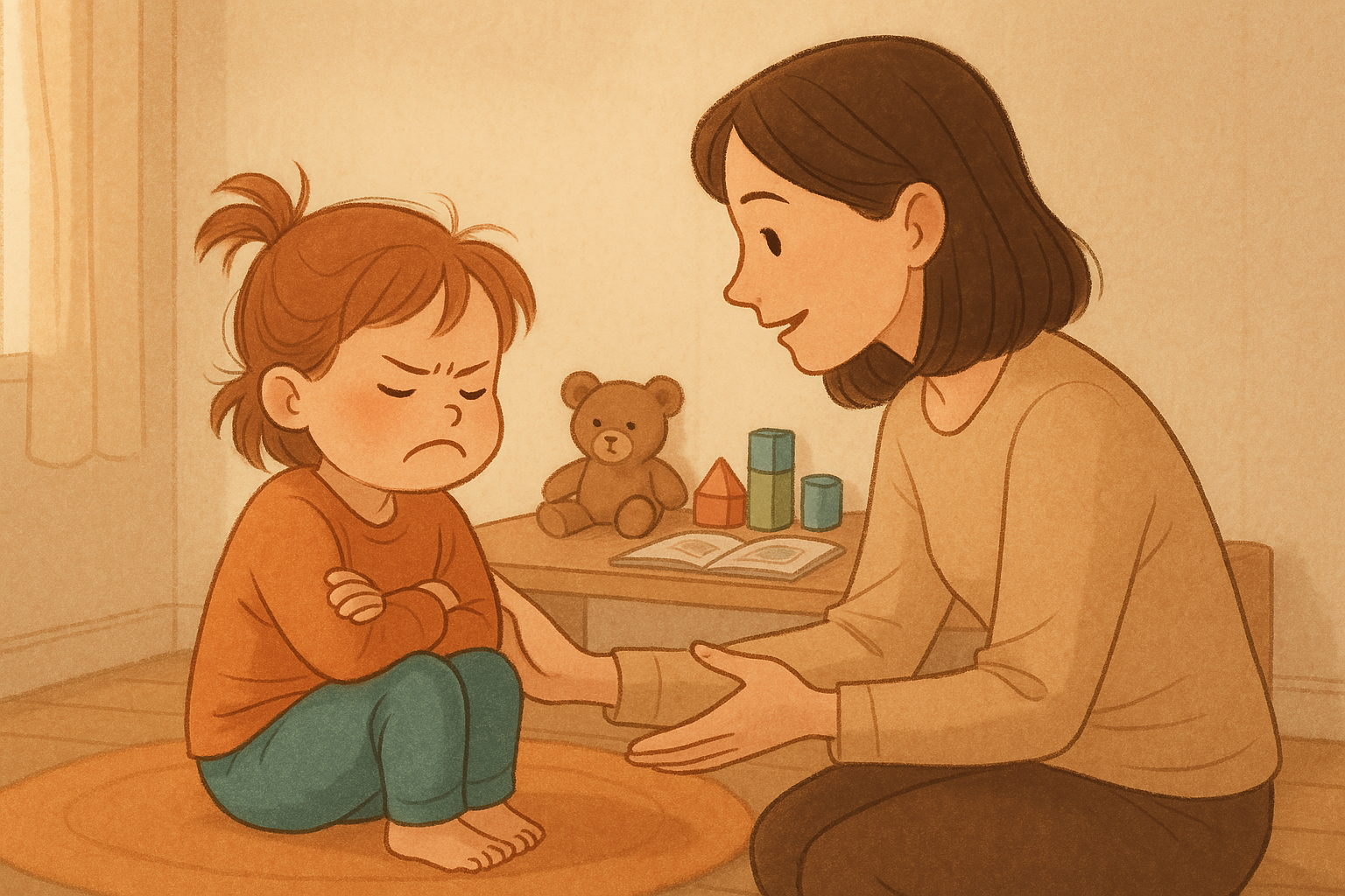 짜증이 많은 아이와 엄마가 대화하고 있다.