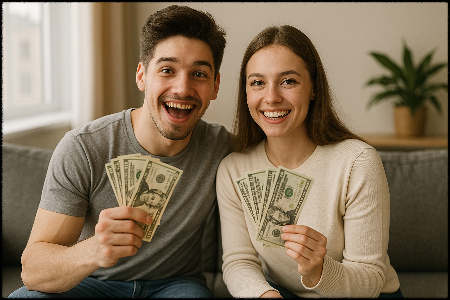 부업으로 벌어들인 돈을 보며 행복해하는 커플