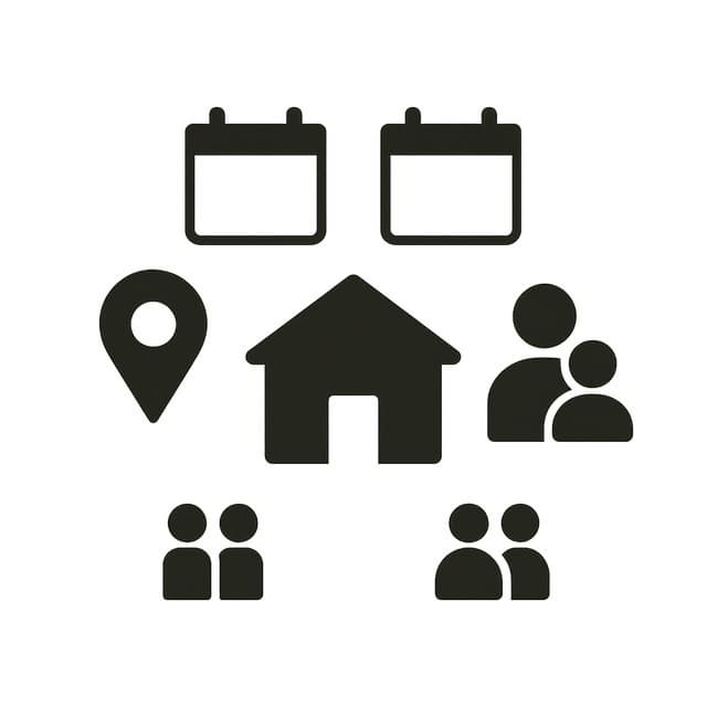 중앙의 심플한 집 아이콘 주위에 지역을 뜻하는 지도의 핀 아이콘과 가구원수를 뜻하는 사람 실루엣 픽토그램