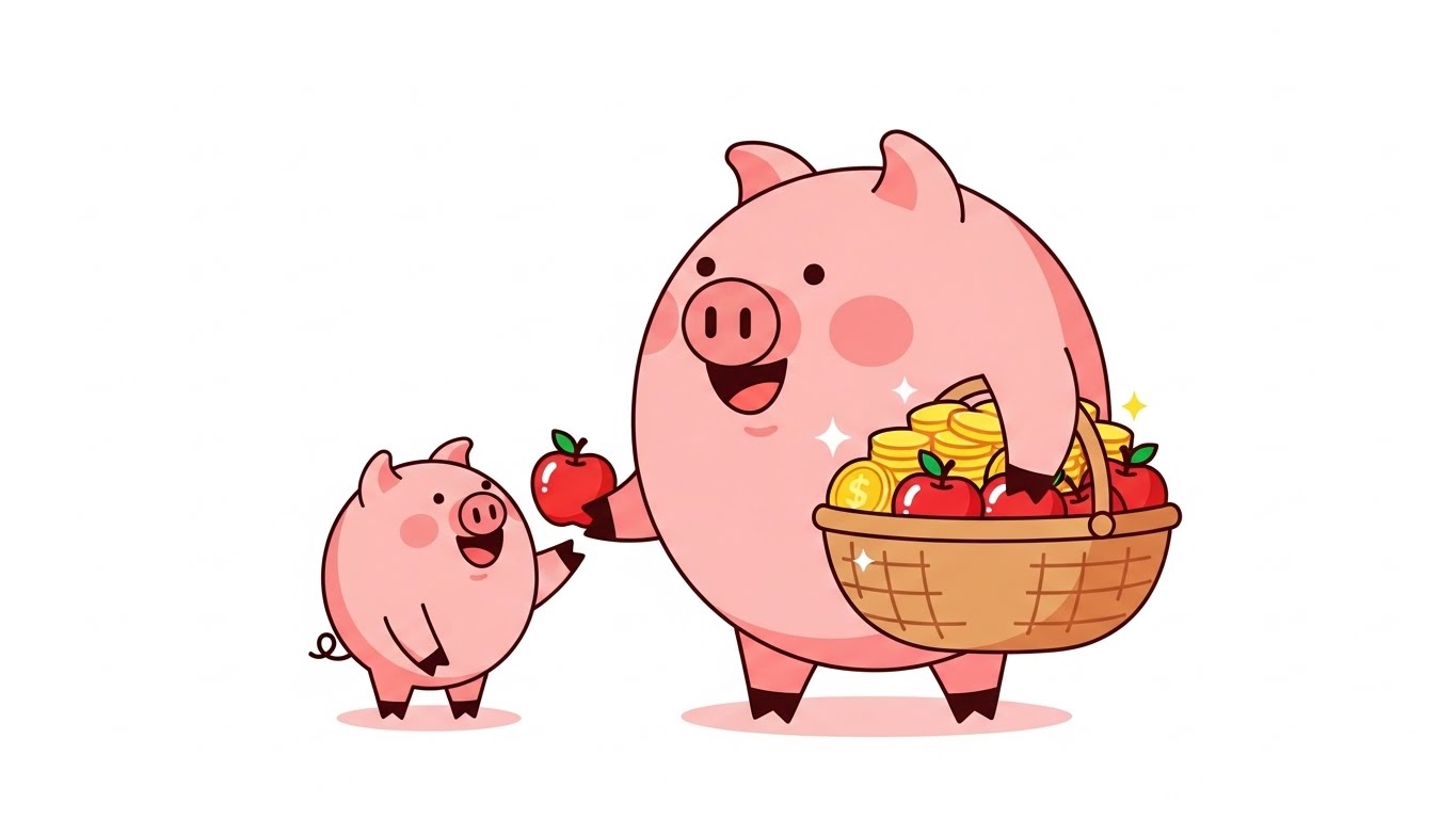 금화와 사과가 가득한 바구니를 들고 친구에게 나누어주는 풍요로운 돼지 캐릭터 일러스트