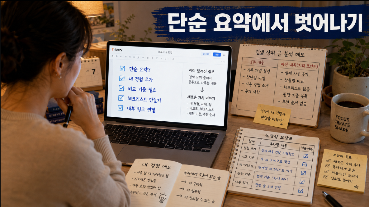티스토리 블로거가 단순 요약 글을 피하고 경험 비교 기준 체크리스트를 더해 독창성을 높이는 과정을 보여주는 이미지