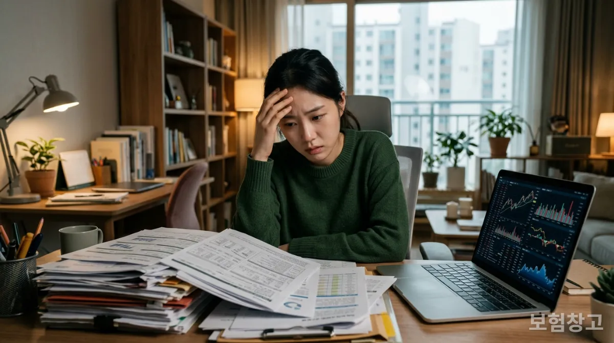 복잡한 보험 서류 앞에서 고민하는 젊은 한국 여성