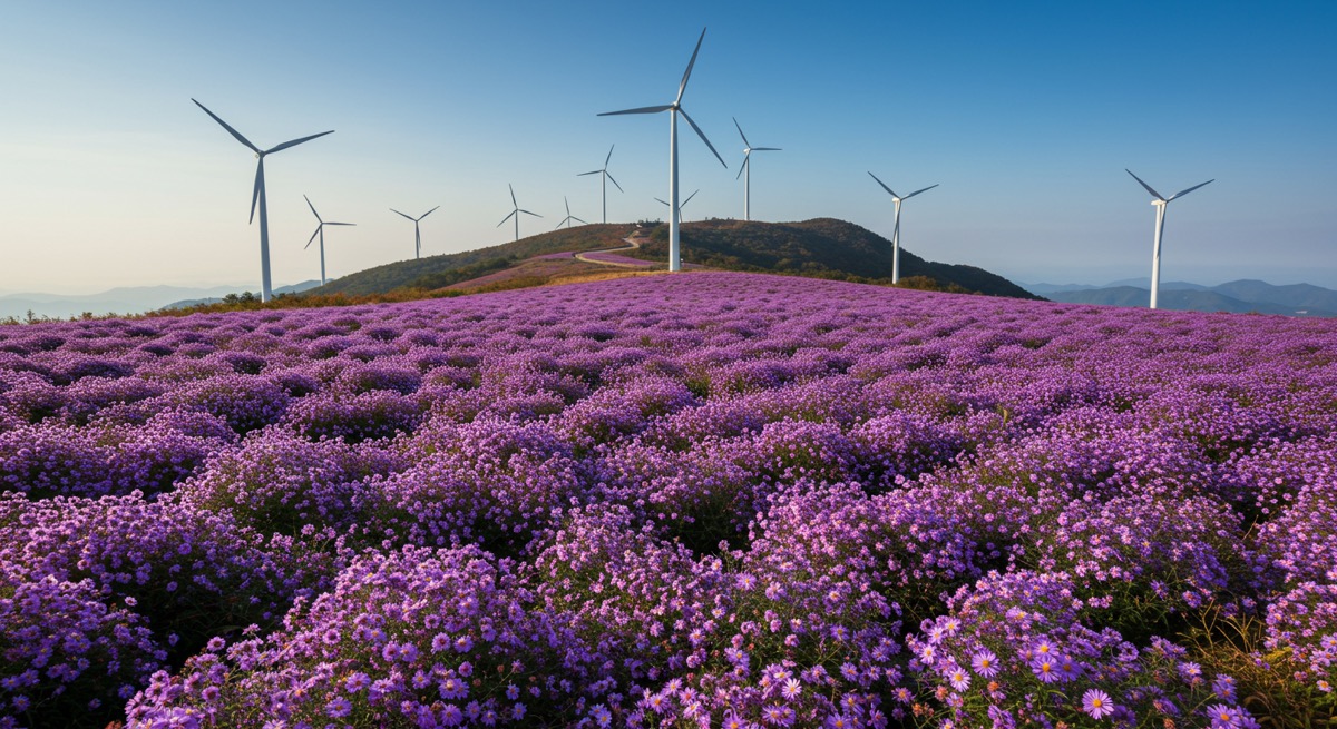 보라색 아스터 국화가 만개한 언덕 위로 하얀 풍력발전기가 돌아가고 있는 거창 감악산 별바람언덕 전경