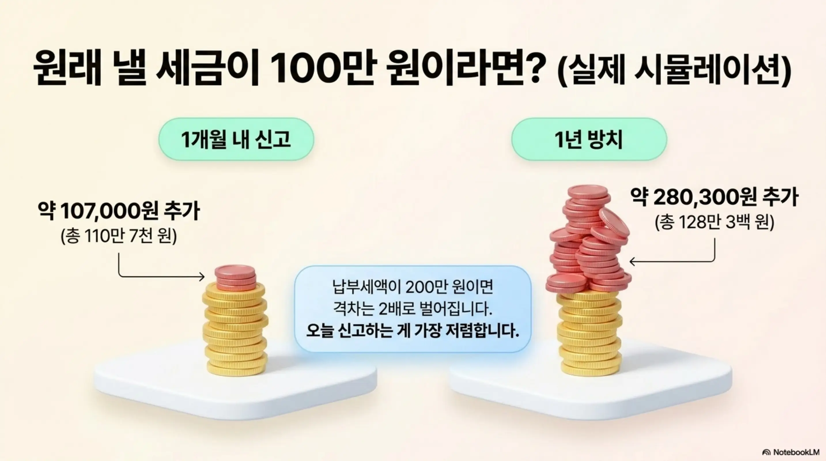 종합소득세 기한후신고 가산세: 원래 낼 세금이 100만 원이라면 실제 시뮬레이션이라는 문구가 포함된 이미지. 이 이미지는 납부세액 100만 원 기준으로 1개월 내 신고 시 약 10.7만 원 추가와 1년 방치 시 약 28만 원 추가를 비교하여 시각적으로 전달하며&amp;#44; 블로그의 종소세 기한후신고 가산세 시뮬레이션과 관련된 내용을 설명함 