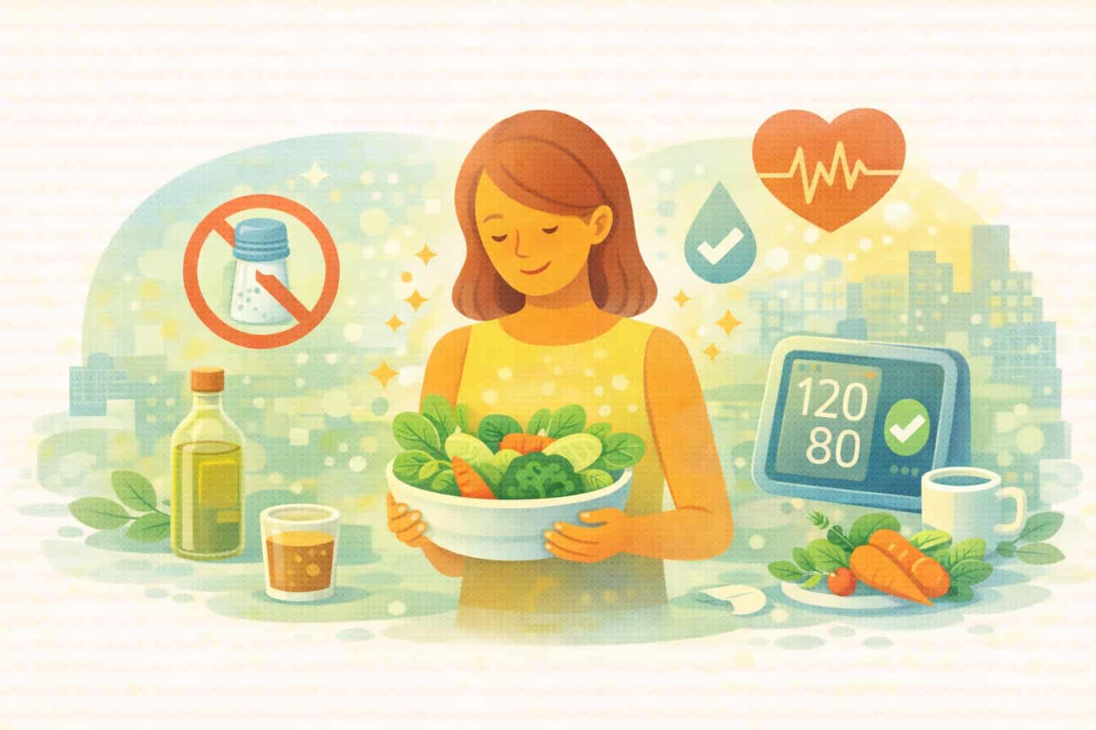 저염 식단과 채소 위주의 식사로 혈압을 관리하는 여성의 건강한 식생활 모습 일러스트
