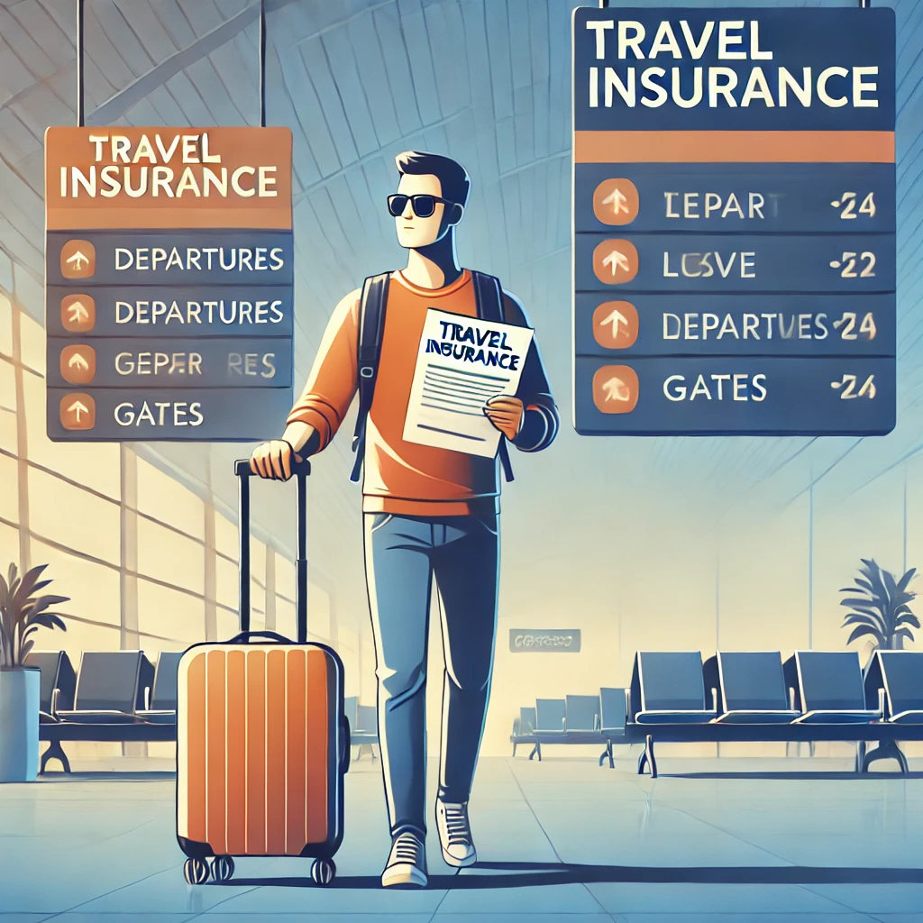 여행자가 보험 서류를 들고 안전하게 여행하는 모습