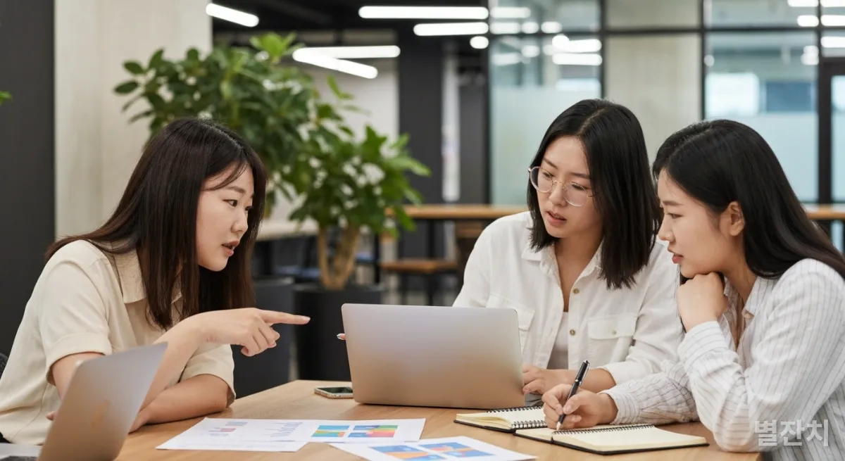 코워킹 스페이스에서 프로젝트를 논의하는 한국인 젊은 직장인들