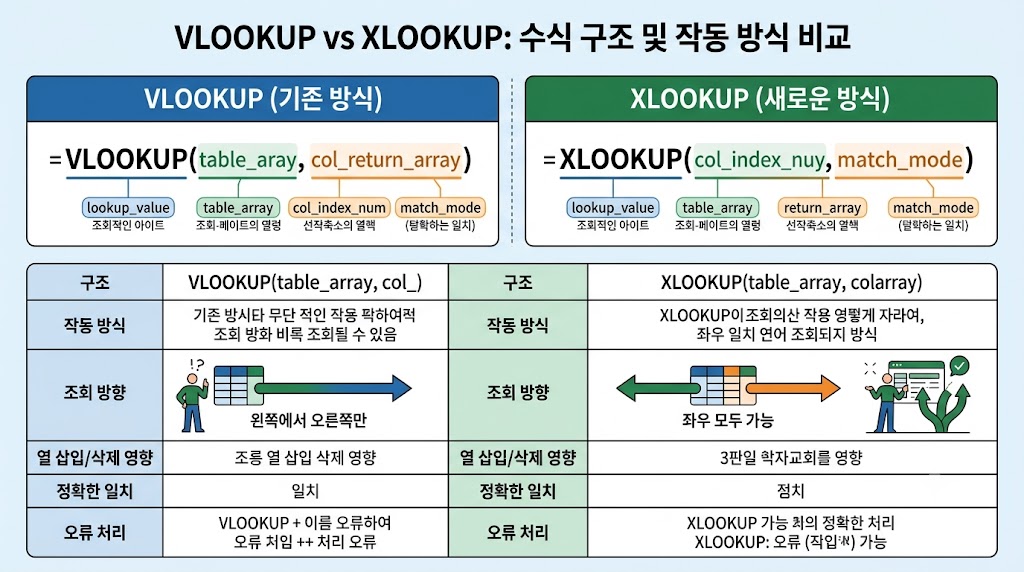 VLOOKUP과 XLOOKUP 수식 구조 및 작동 방식 차이를 나타낸 비교 도표