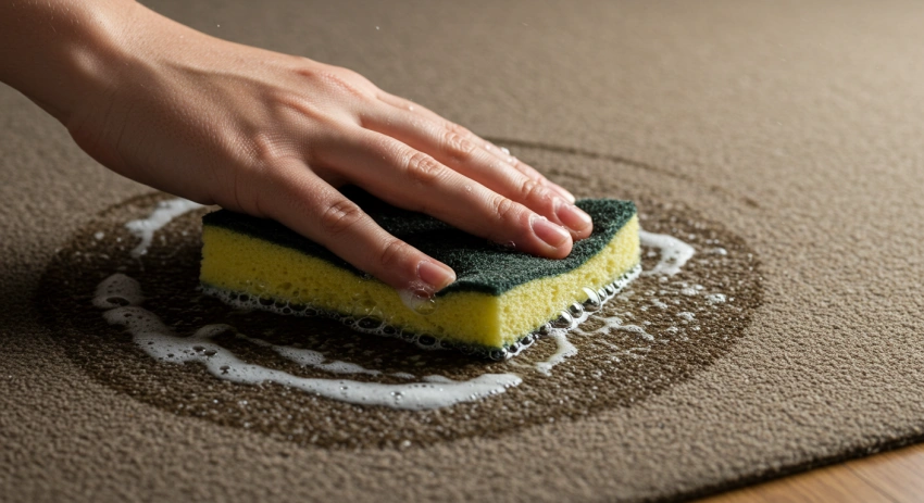 카펫에 묻은 네임펜을 지우기를 하고 있는 모습