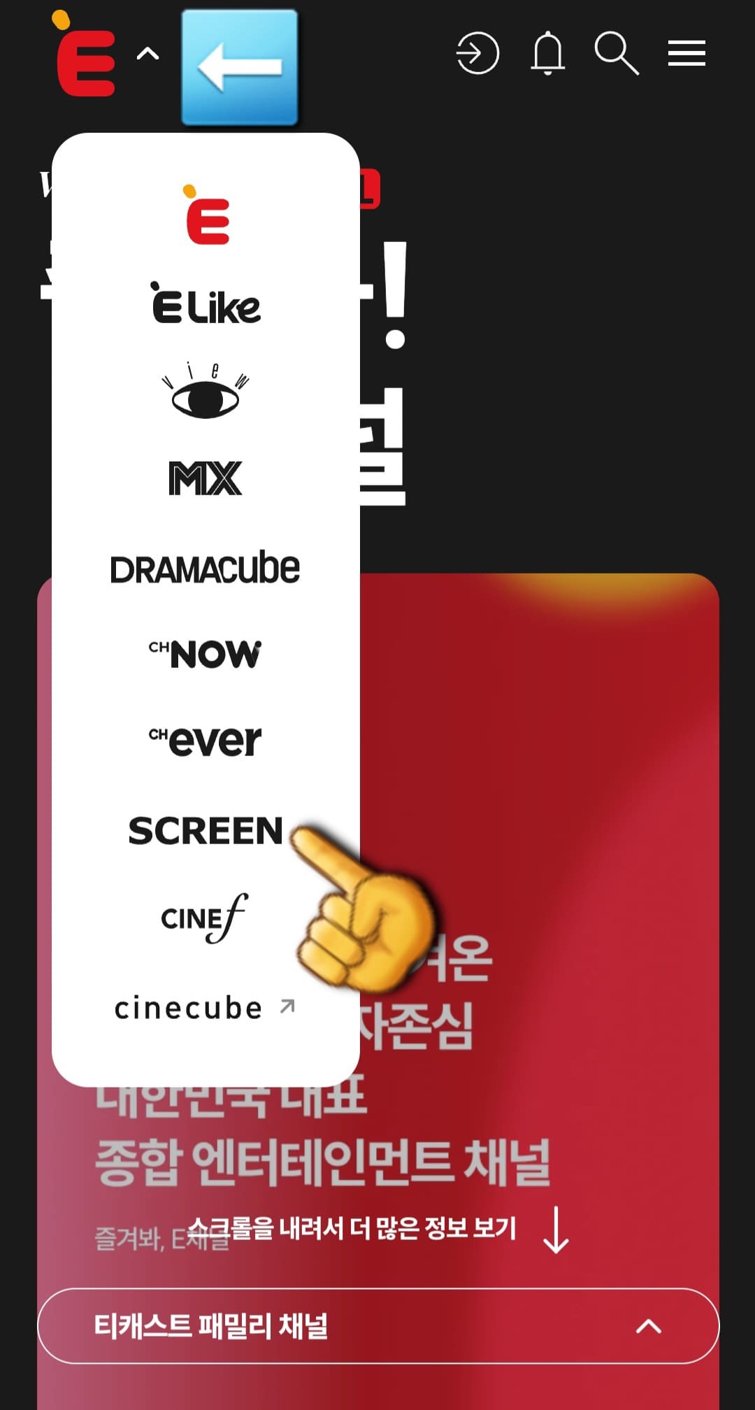 SCREEN(스크린)-편성표-및-채널번호-확인하는-방법-안내-SCREEN의-채널번호를-확인하려면-E채널-홈페이지에-접속해야-하는데요.-홈페이지에-접속한-후-메인-페이지-상단의-E채널을-클릭하면-여러-채널-목록이-나타납니다.-여기서-SCREEN을-선택하면-SCREEN의-메인-페이지로-이동합니다.