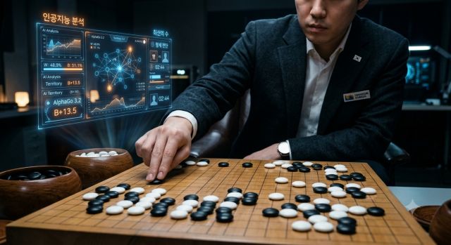 신진서 9단과 AI 카타고의 바둑 대국 장면, 바둑판 클로즈업 : AI 컨셉 이미지