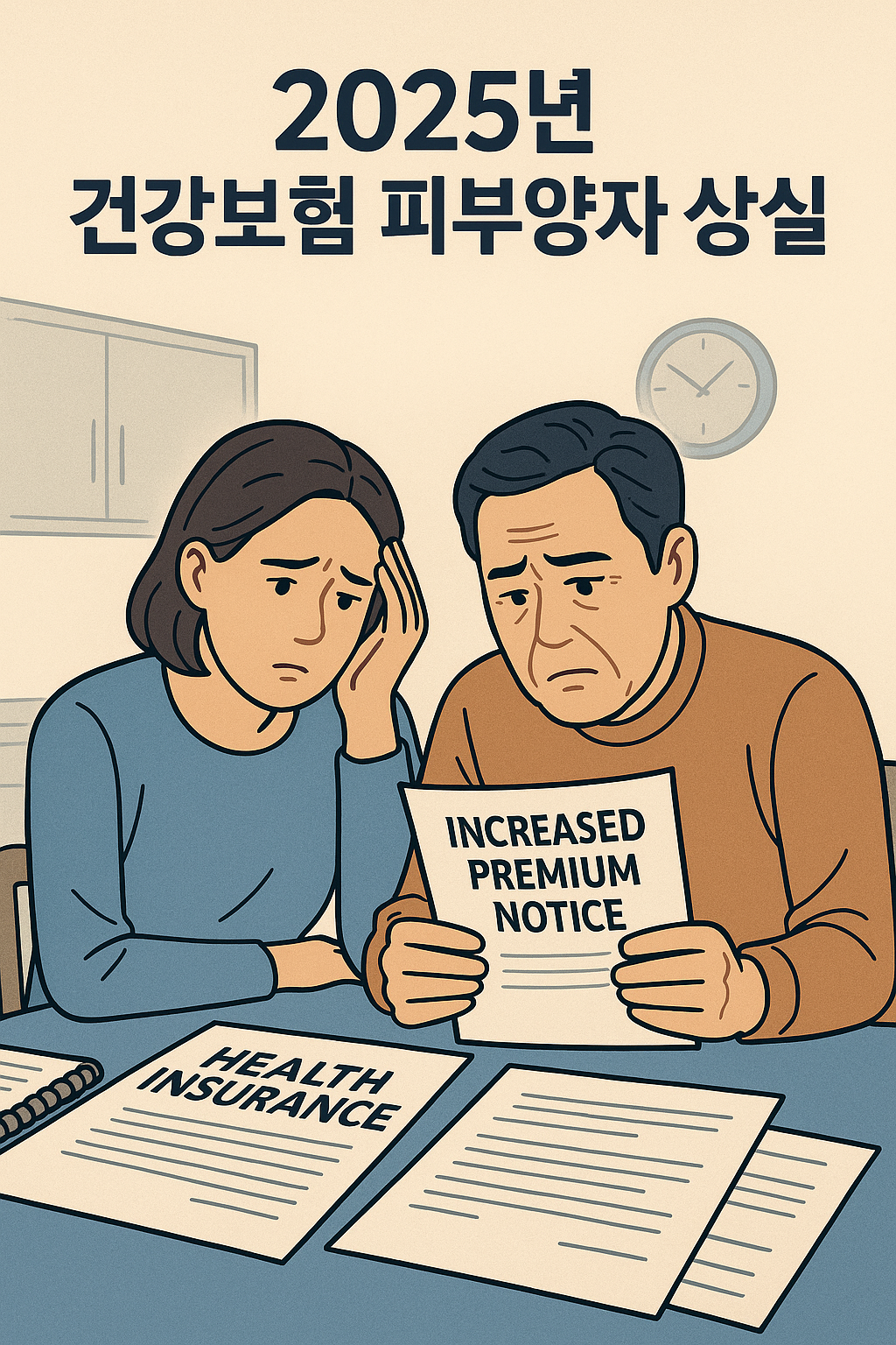 2025년 건강보험 피부양자 자격 상실로 보험료 부담이 증가한 한국 중년 부부의 걱정하는 모습 일러스트