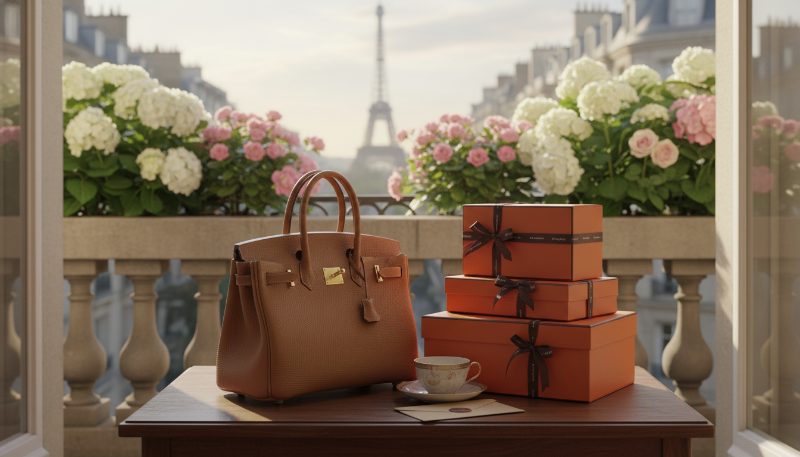 파리의 햇살 가득한 발코니에 놓인 에르메스 버킨백과 시그니처 오렌지 박스들의 모습