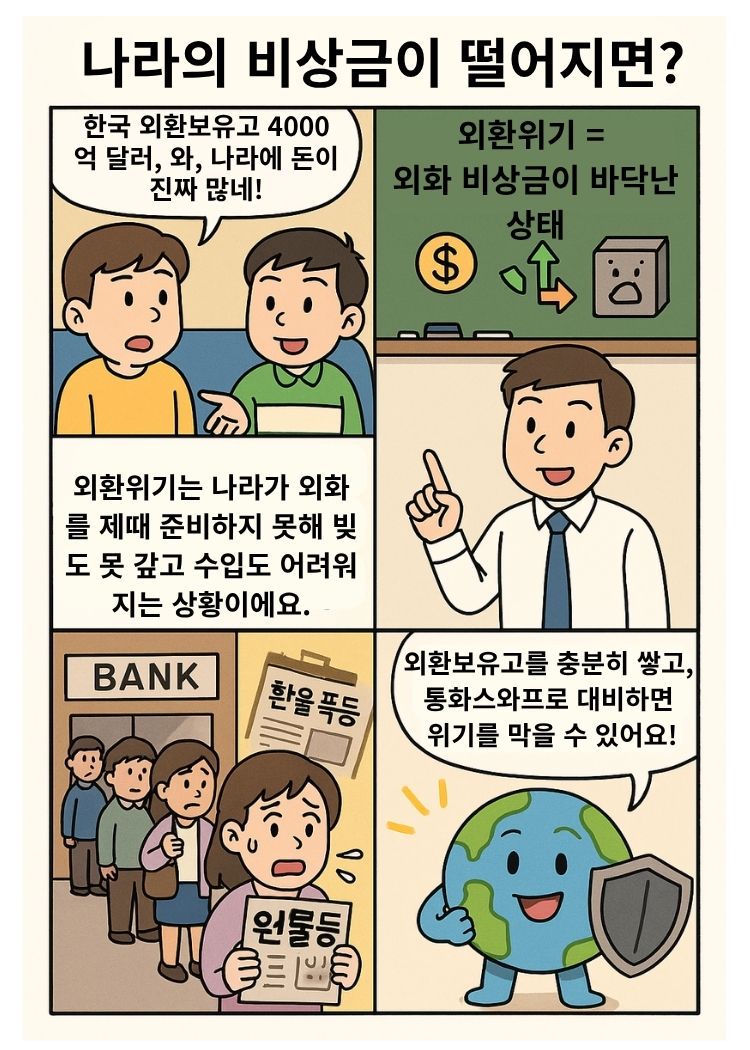 외환보유고와 외환위기의 개념을 4컷으로 설명하는 교육 만화로, 뉴스에서 시작해 개념 설명, IMF 위기 사례, 그리고 금고와 지구 캐릭터로 위기 예방을 강조하는 내용.