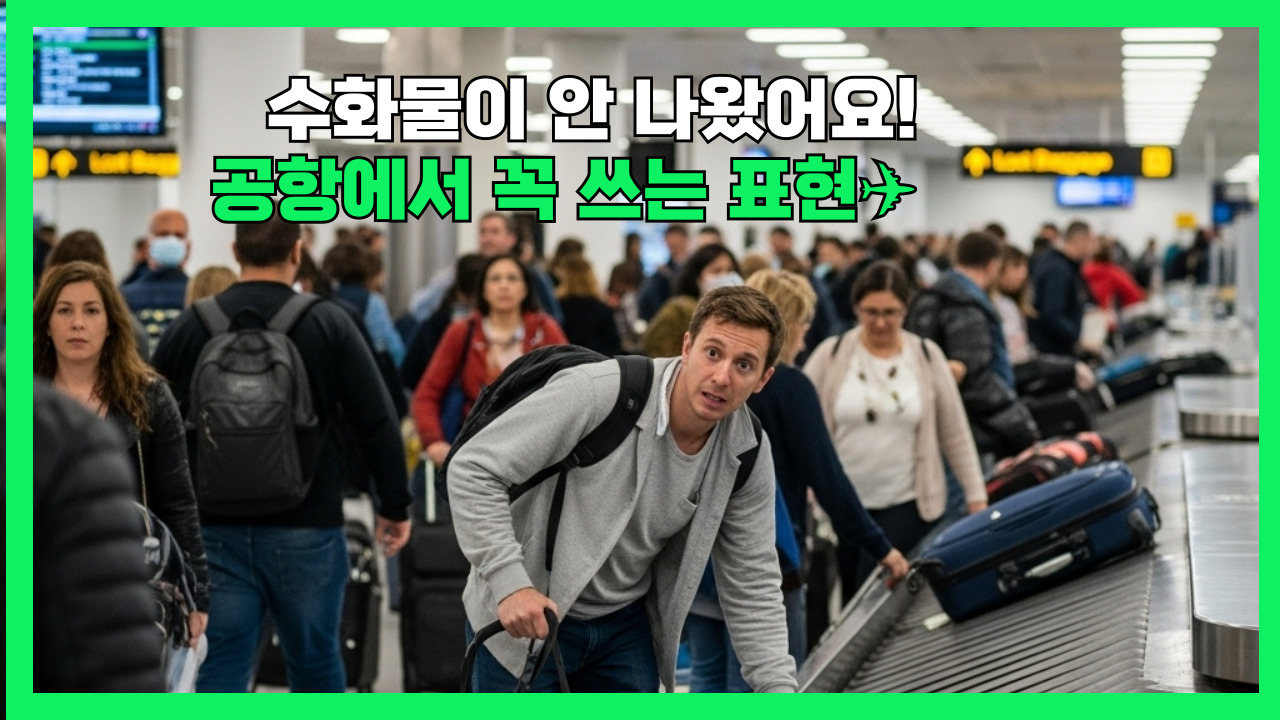 공항 수하물 컨베이어 앞에서 당황한 여행자 – 수화물이 나오지 않았을 때 쓰는 영어 표현