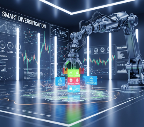 로봇 팔이 다양한 팩터 아이콘(가치, 모멘텀, 저변동성)이 그려진 블록들을 포트폴리오에 배치하는 이미지