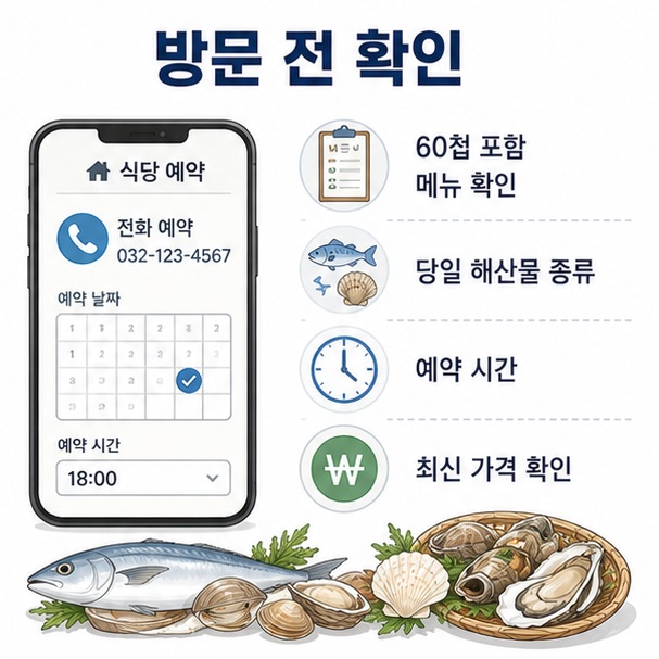 60첩 해물반상을 방문하기 전에 세트 구성과 당일 제철 해산물, 예약시간과 최신 가격을 확인해야 한다는 이미지