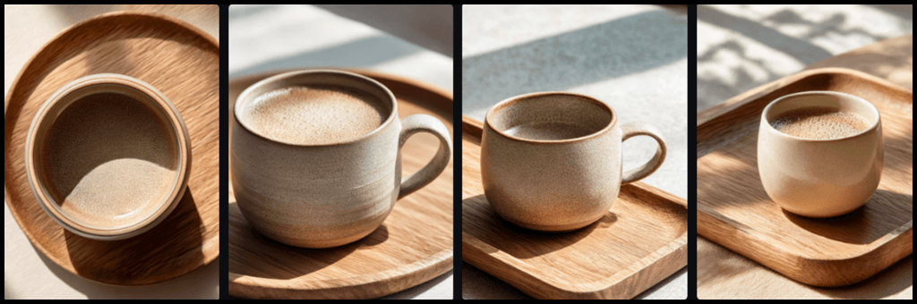 제품 상세컷, 핸드메이드 세라믹 찻잔의 매트 질감과 우드 트레이 구성 이미지_Midjourney