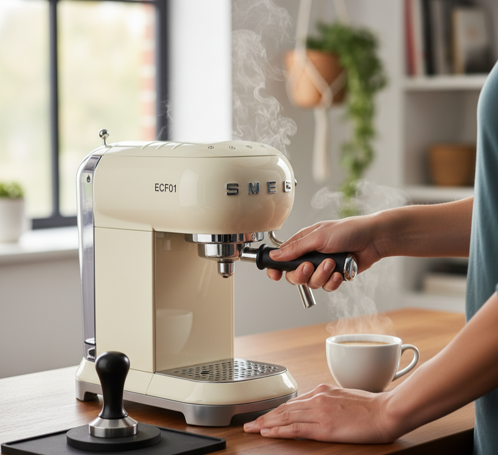 스메그 레트로 디자인의 가정용 커피머신으로 홈카페 커피를 내리는 장면