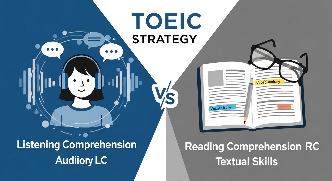 토익 LC(듣기)와 RC(읽기) 학습 전략을 나타내는 분할 이미지. 한쪽은 헤드폰을 낀 학생과 음파, 다른 쪽은 펼쳐진 교재와 안경이 있다.