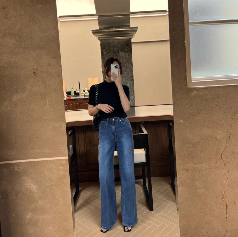 여성 루즈핏 하이웨스트 진청 롱 워싱 캣 와이드 데님