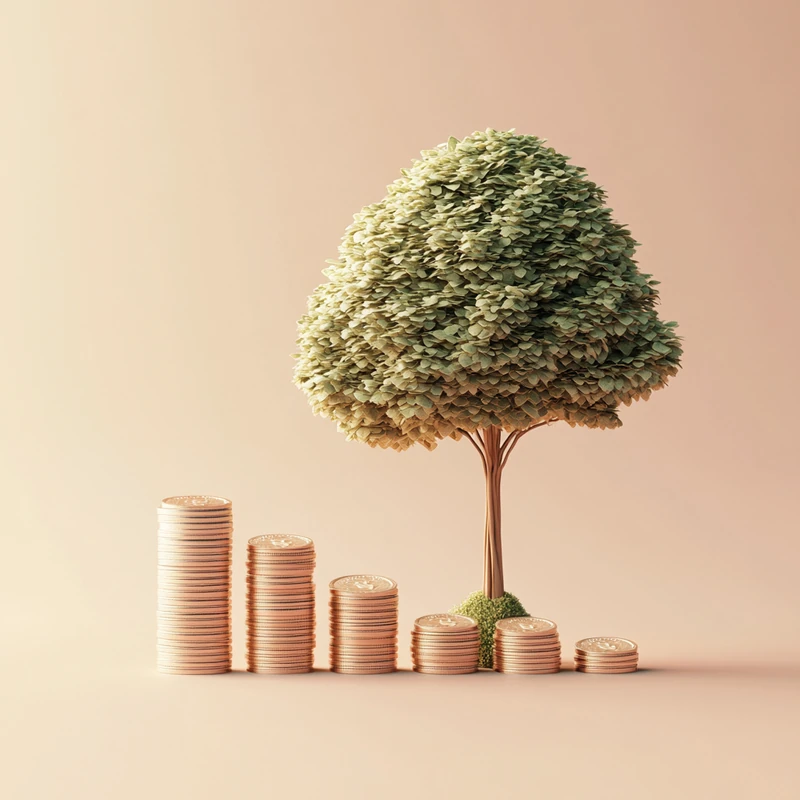 코인 더미와 함께 성장하는 나무로 장기 복리와 자산증식을 강조한 2025 S&P500 연금 ETF 투자, 복리 효과, 재테크, 연금 수익 극대화, 시간의 힘 연관 검색