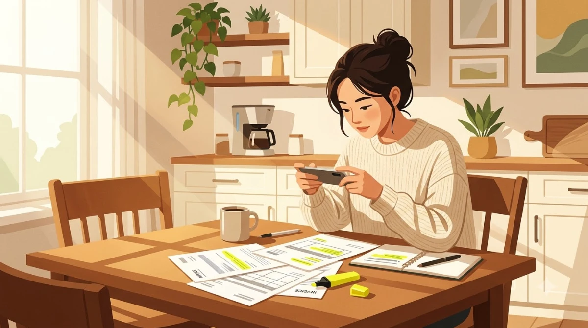 한국인 젊은 여성이 주방 식탁에 앉아 서류를 펼쳐놓고 형광펜으로 항목을 체크하며 스마트폰으로 사진을 찍는 장면.