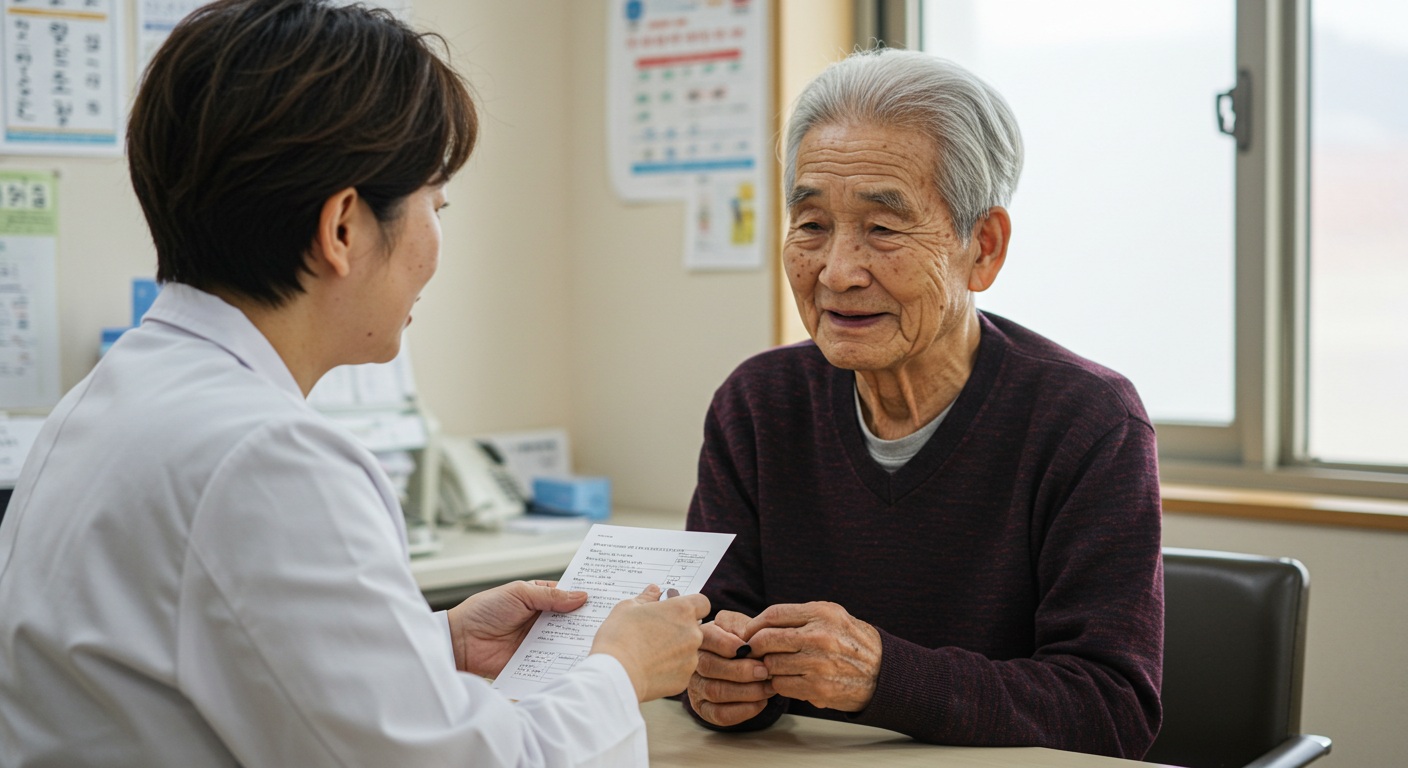 노인 환자가 의사와 상담하며 처방전을 받는 모습
