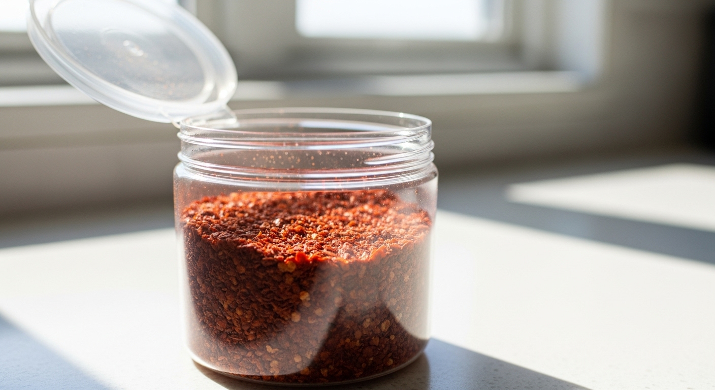 햇볕이 잘 드는 주방 창가에 뚜껑이 열린 채 놓인 투명 플라스틱 용기의 고추가루. 빛과 공기에 노출되어 변색되거나 굳어질 위험이 있음을 보여줍니다.