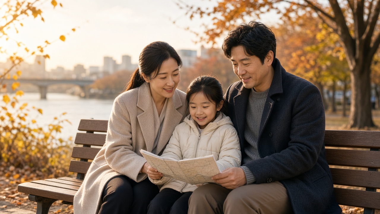 가족과 함께 한강공원 벤치에 앉아 일정을 짜는 한국인 가족