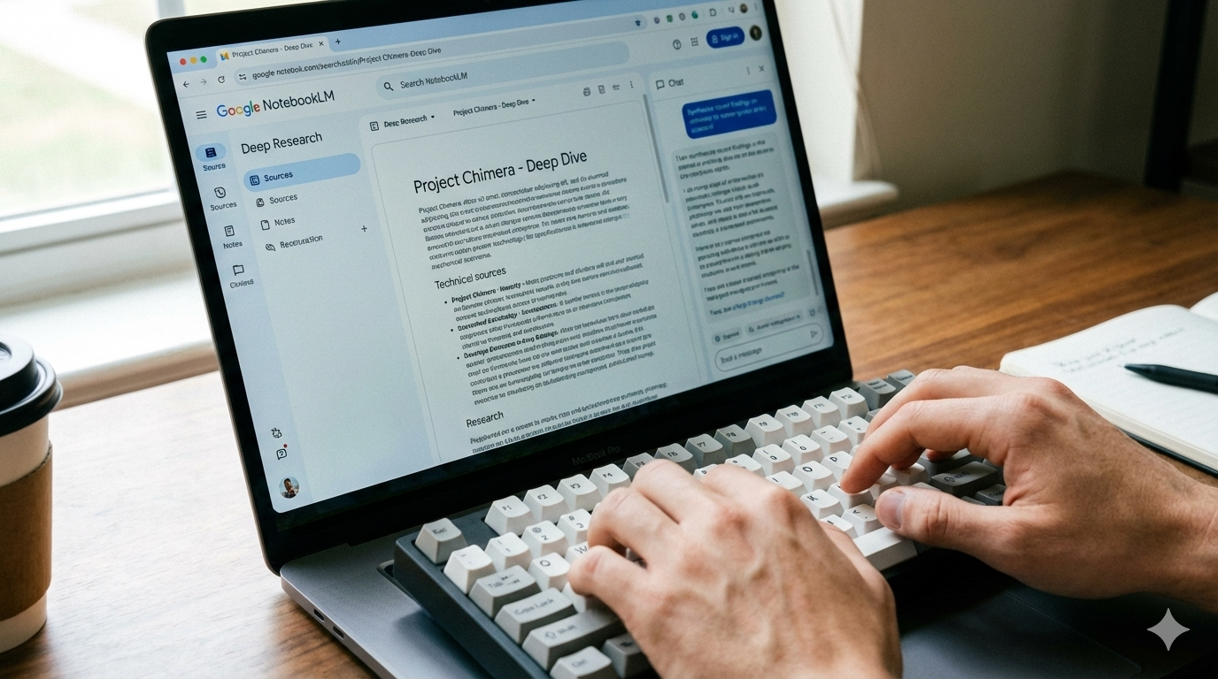노트북LM의 딥 리서치 기능을 통해 지식을 정교하게 다듬는 집중의 순간. 복잡한 문제를 스마트하게 해결해 나가는 생산적인 변화를 강조합니다.