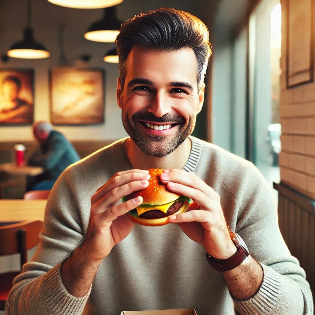 패스트푸드점에서 햄버거를 들고 웃으며 먹는 아버지의 감성적인 장명