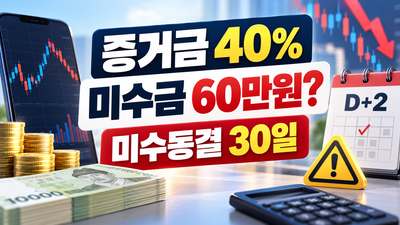 주식 100만원 매수 시 증거금 40%, 추가 결제자금 60만원과 미수동결 30일을 설명하는 이미지