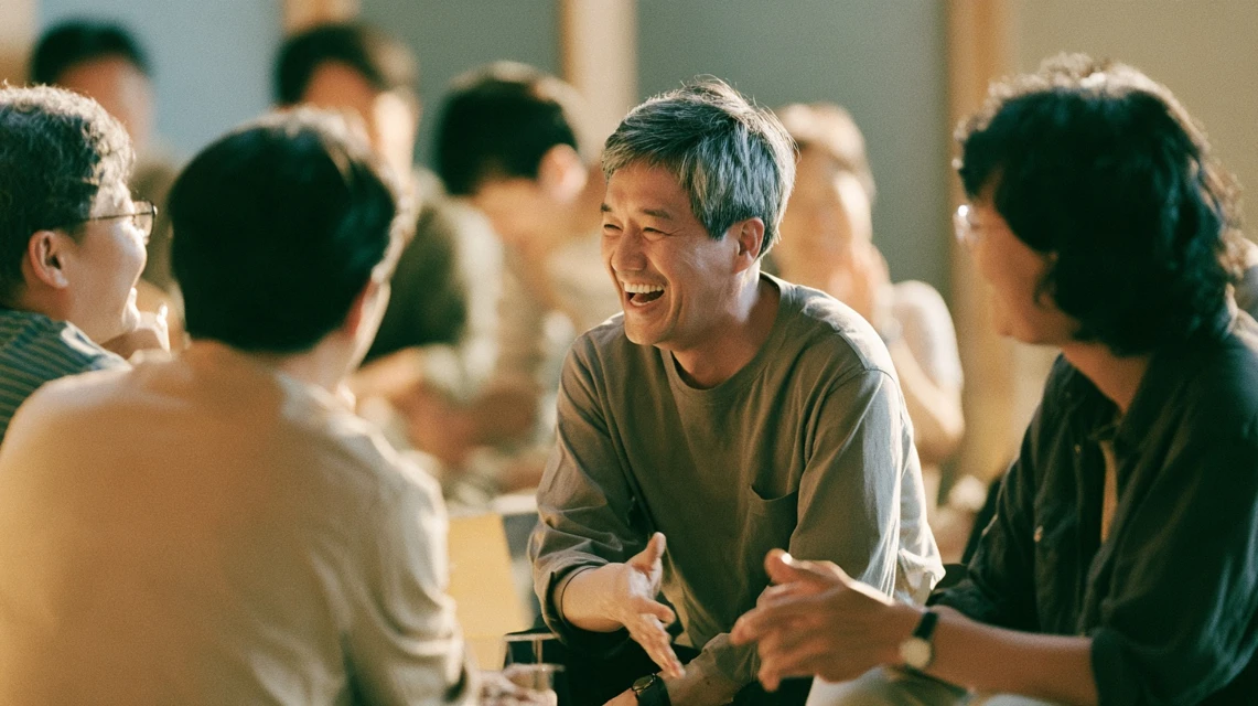 처음 온 사람이 이미 자리 잡은 무리 사이에서 어디로 가야 할지 살피는 동호회 활동 장면