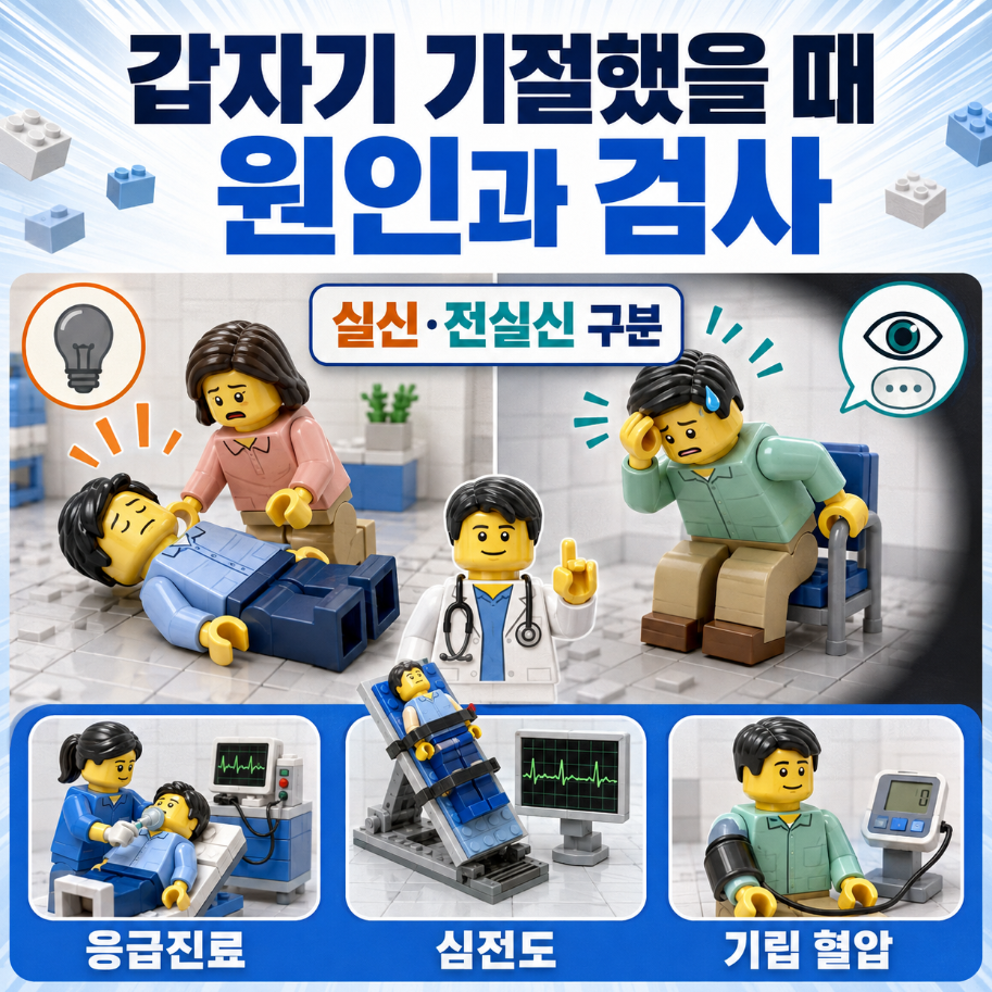 갑자기 기절했을 때 실신과 전실신의 차이, 응급진료와 심전도&middot;기립 혈압 검사를 보여주는 대표 이미지