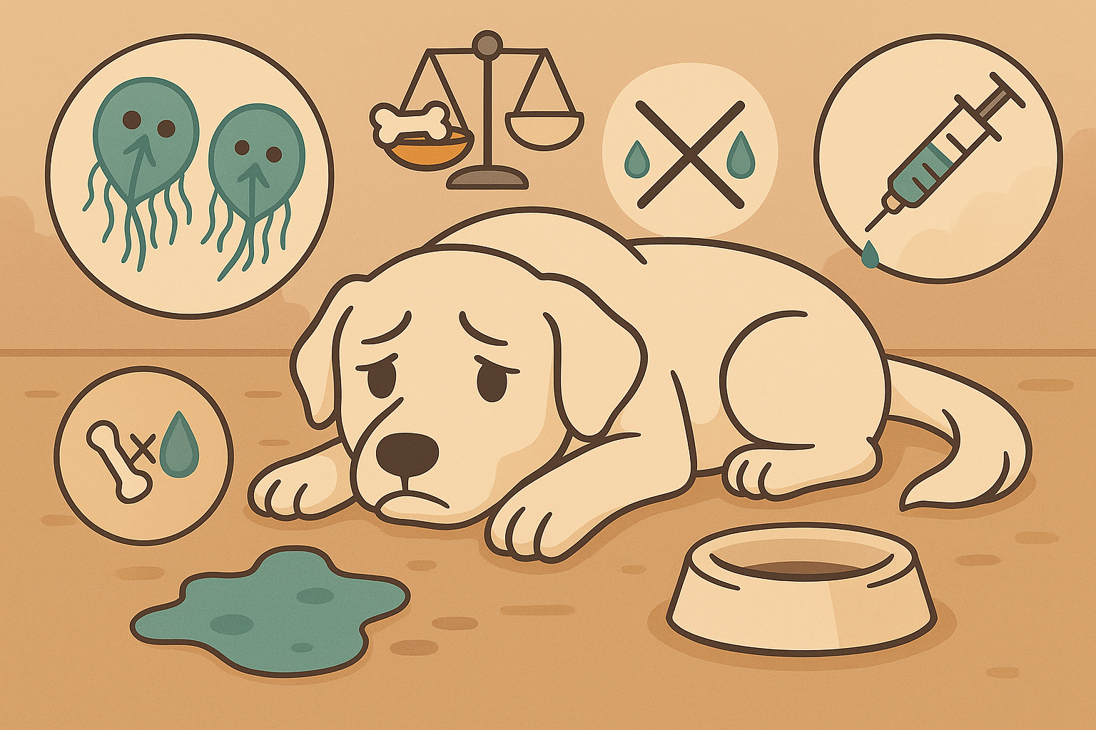 기생충 감염으로 아픈 강아지의 모습을 중심으로, 설사, 체중 감소, 탈수, 피로감, 치료 필요성 등을 직관적인 아이콘으로 표현한 가로형 일러스트입니다. 강아지 옆에는 물 설사 자국과 빈 밥그릇이 있으며, 주변에 기생충, 체중 저하 저울, 물 부족, 주사기 등 질병 증상을 상징하는 시각 요소들이 배치되어 있어 지알디아 같은 감염성 질환의 전형적인 징후를 알기 쉽게 전달합니다.