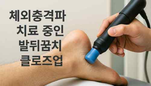 한국인의 발뒤꿈치에 체외충격파 치료 중인 클로즈업 장면