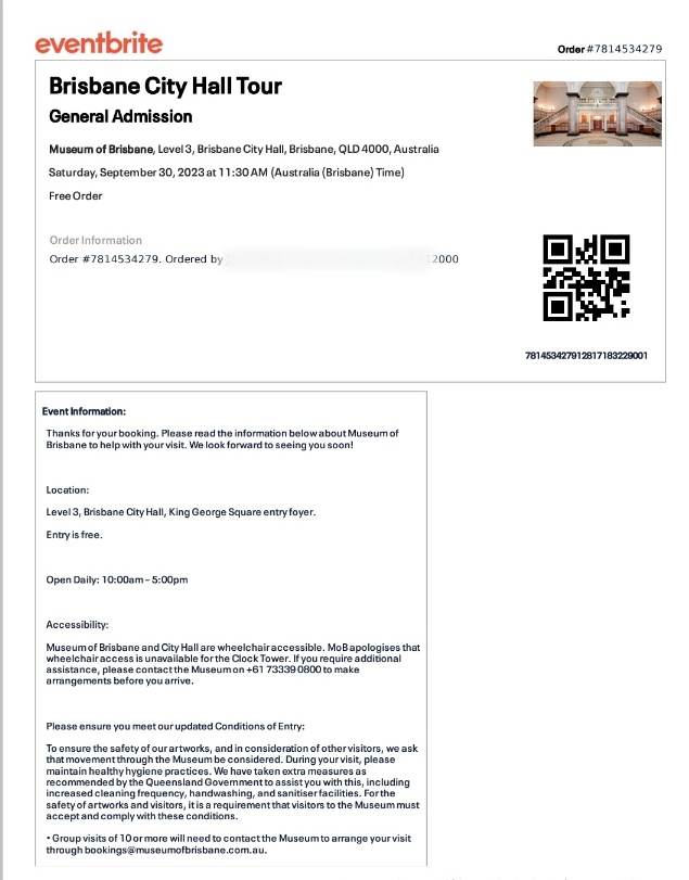 브리즈번 시티홀 투어 확정서