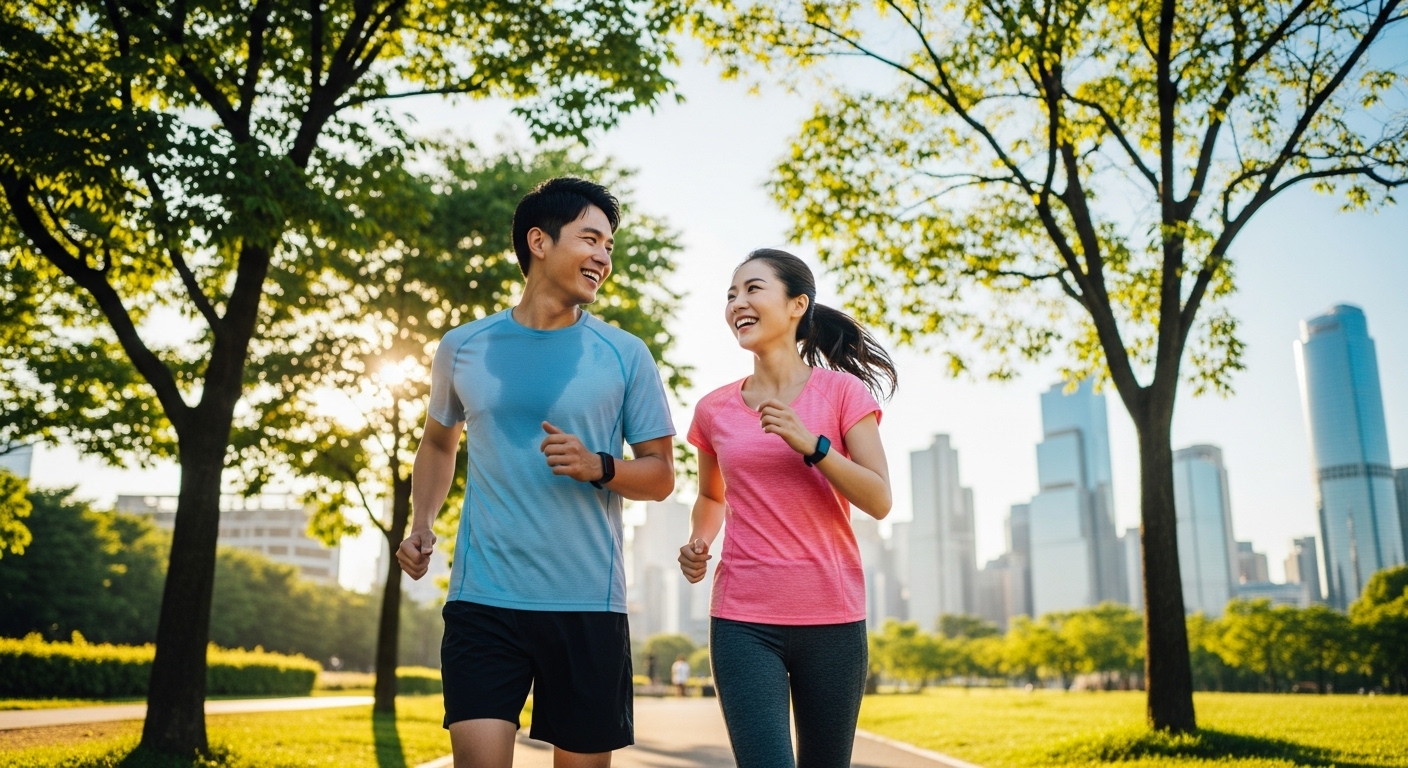 젊은 남녀가 공원에서 함께 조깅하며 건강한 생활 습관으로 질병을 예방하는 긍정적인 이미지