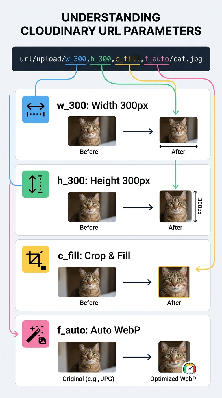 Cloudinary 실시간 리사이징 및 크롭 기능을 위한 URL 파라미터(w, h, c_fill, f_auto) 완벽 분석