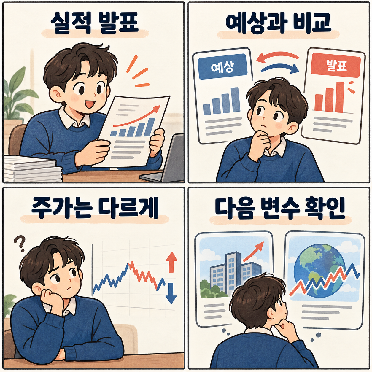 실적 발표가 주가에 반영되는 과정을 설명하는 4컷 만화. 발표 숫자를 예상과 비교하고, 주가는 다르게 움직일 수 있으며 다음 변수를 확인해야 한다는 내용.