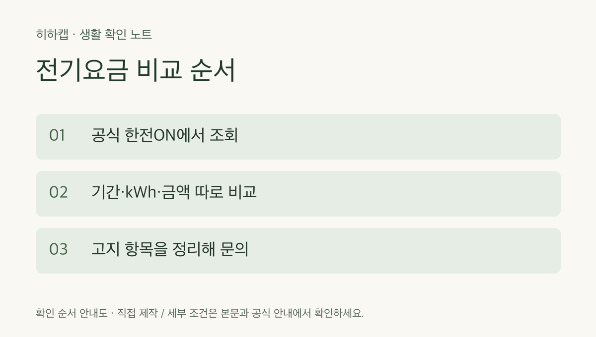 전기요금 비교 순서 확인 순서: 공식 한전ON에서 조회 &rarr; 기간&middot;kWh&middot;금액 따로 비교 &rarr; 고지 항목을 정리해 문의