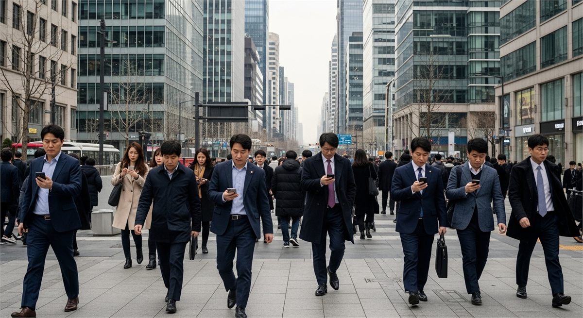 서울 금융가 거리에서 사람들이 이동하는 상장일 분위기 장면