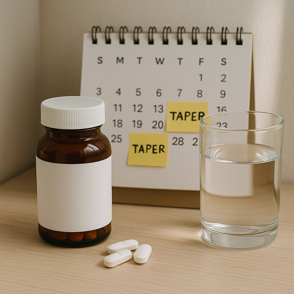 약병과 물컵, 감량 일정 표시된 탁상달력